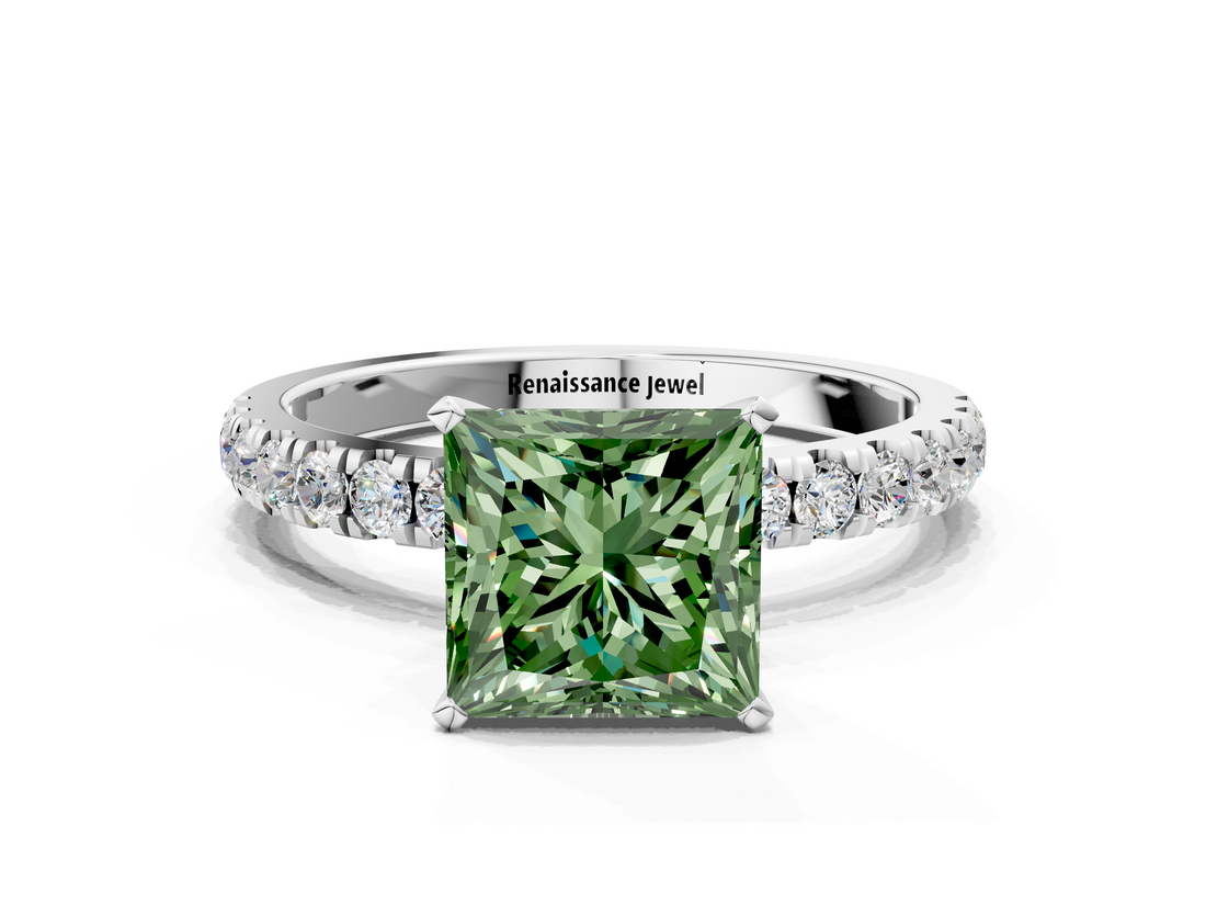 White gold Fancy Green Princess  Solitaire Diamond Pavé Band with Four-Prong Setting