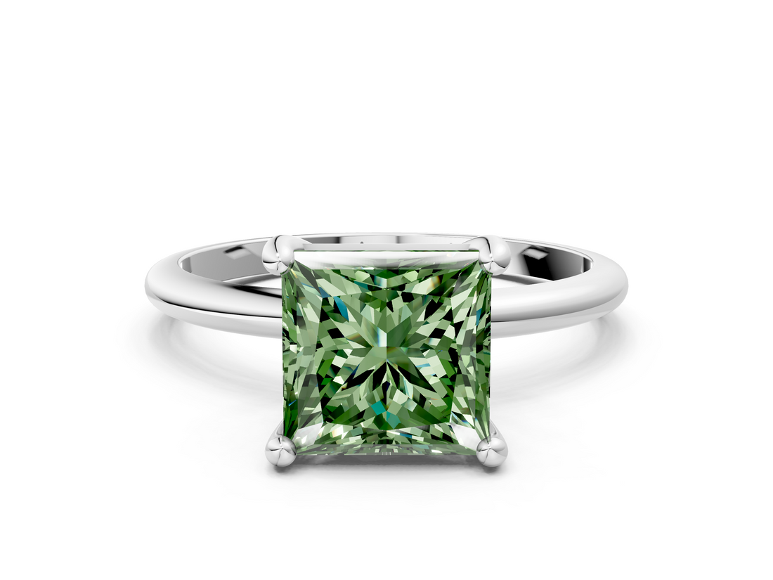 White gold Fancy Green Princess  Solitaire Diamond Ring with 4-Prong Setting on a Classic Band_3