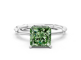 White gold Fancy Green Princess  Solitaire Diamond Ring with Bamboo Band and Four-Prong Setting