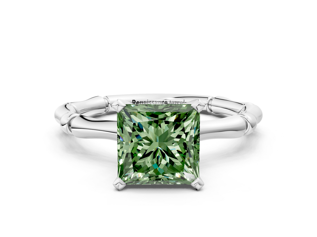 White gold Fancy Green Princess  Solitaire Diamond Ring with Bamboo Band and Four-Prong Setting
