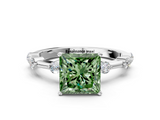 White gold Fancy Green Princess  Solitaire Diamond Ring with Bezel Set Side Stones and Prong Setting