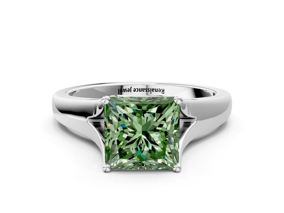 White gold Fancy Green Princess  Solitaire Diamond Ring with Cathedral Band and Four-Prong Setting_29