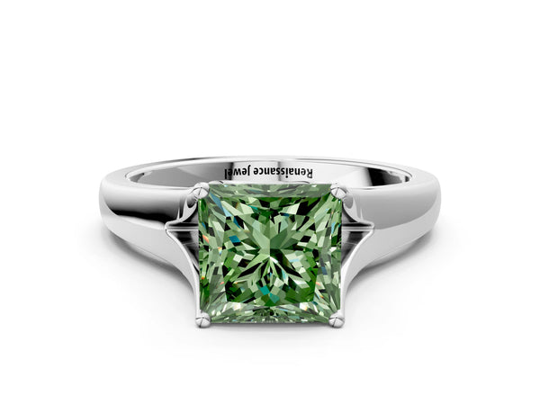 Platinum Princess Cut Cathedral Solitaire Engagement Ring Setting for Fancy Green Center with Split Shoulders