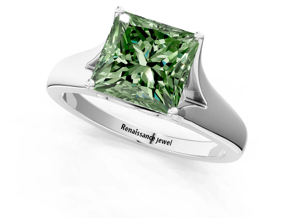 Sterling Silver Princess Cut Cathedral Solitaire Engagement Ring Setting for Fancy Green Center with Split Shoulders