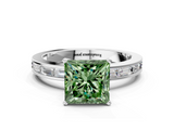 White gold Fancy Green Princess  Solitaire Diamond Ring with Channel-Set Baguette Band and Four-Prong Setting