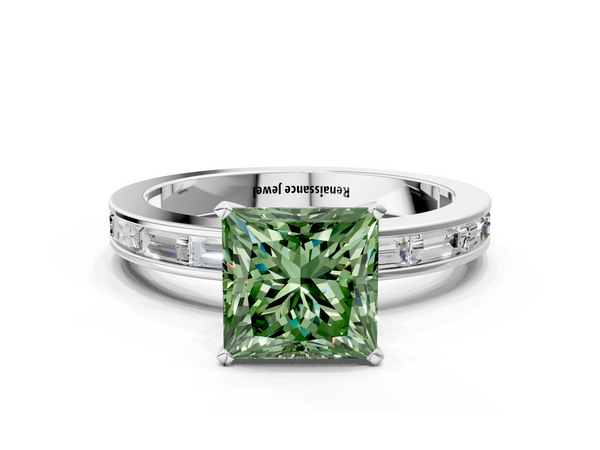 Platinum Fancy Green Princess  Solitaire Diamond Ring with Channel-Set Baguette Band and Four-Prong Setting