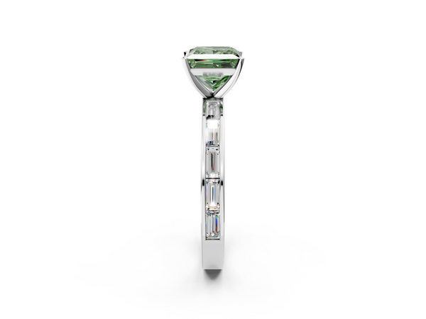 Platinum Fancy Green Princess  Solitaire Diamond Ring with Channel-Set Baguette Band and Four-Prong Setting
