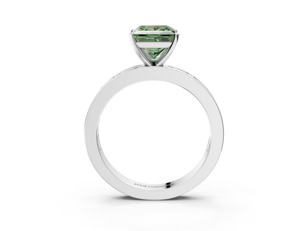 Platinum Fancy Green Princess  Solitaire Diamond Ring with Channel-Set Baguette Band and Four-Prong Setting