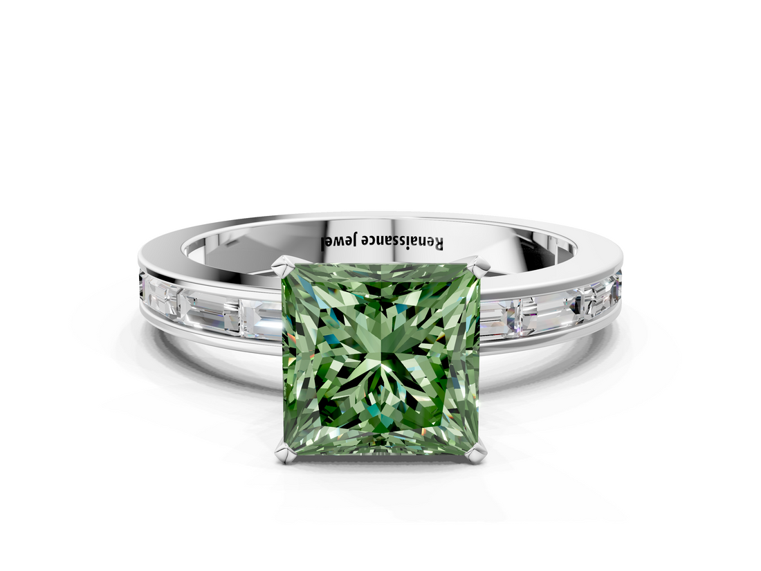White gold Fancy Green Princess  Solitaire Diamond Ring with Channel-Set Baguette Band and Four-Prong Setting