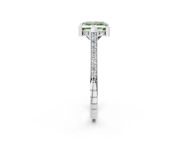 Platinum Fancy Green Princess  Solitaire Diamond Ring with Channel Set Band and Bezel Prong Setting