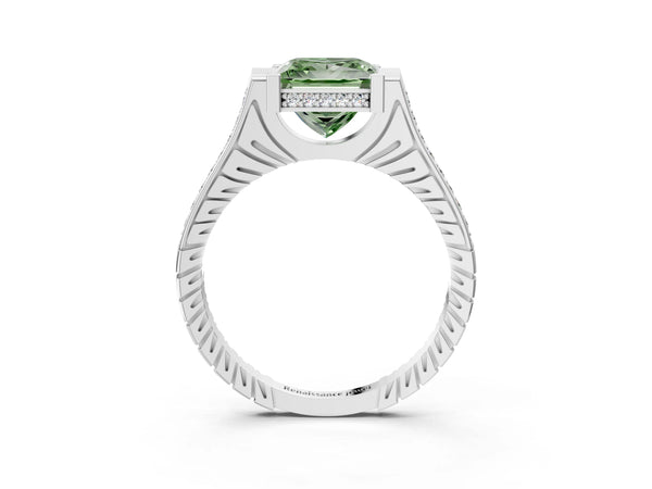 Platinum Fancy Green Princess  Solitaire Diamond Ring with Channel Set Band and Bezel Prong Setting