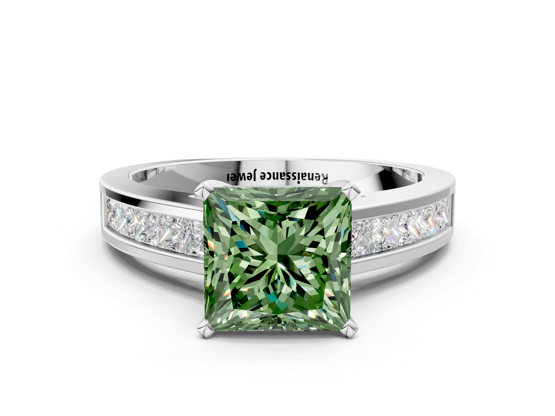 White gold Fancy Green Princess  Solitaire Diamond Ring with Channel-Set Band and Four-Prong Setting_3