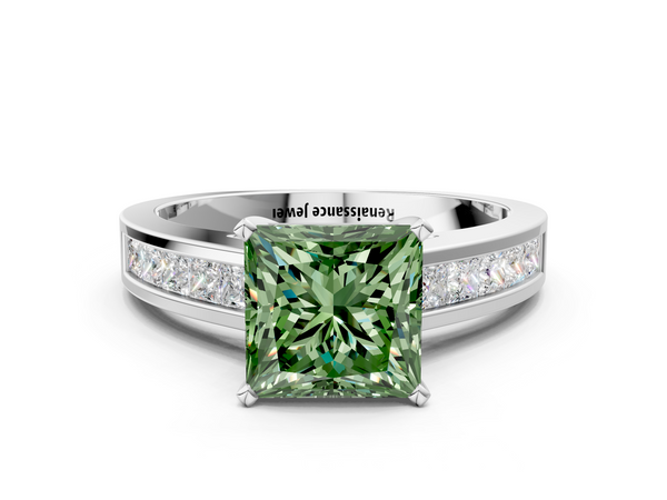White gold Fancy Green Princess  Solitaire Diamond Ring with Channel-Set Band and Four-Prong Setting
