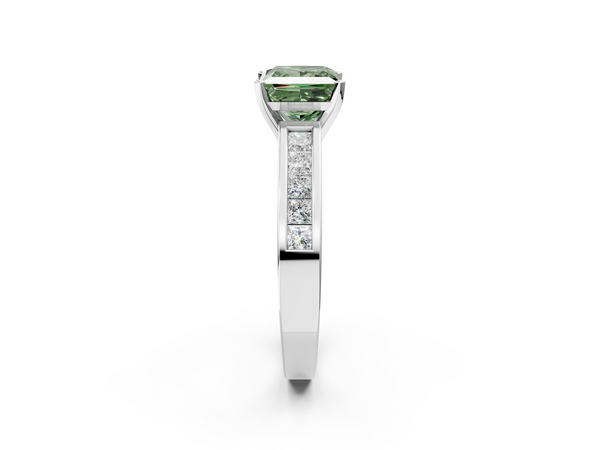 White gold Fancy Green Princess  Solitaire Diamond Ring with Channel-Set Band and Four-Prong Setting