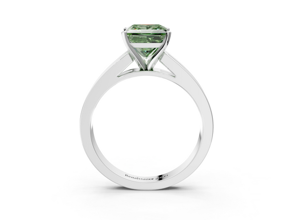White gold Fancy Green Princess  Solitaire Diamond Ring with Channel-Set Band and Four-Prong Setting