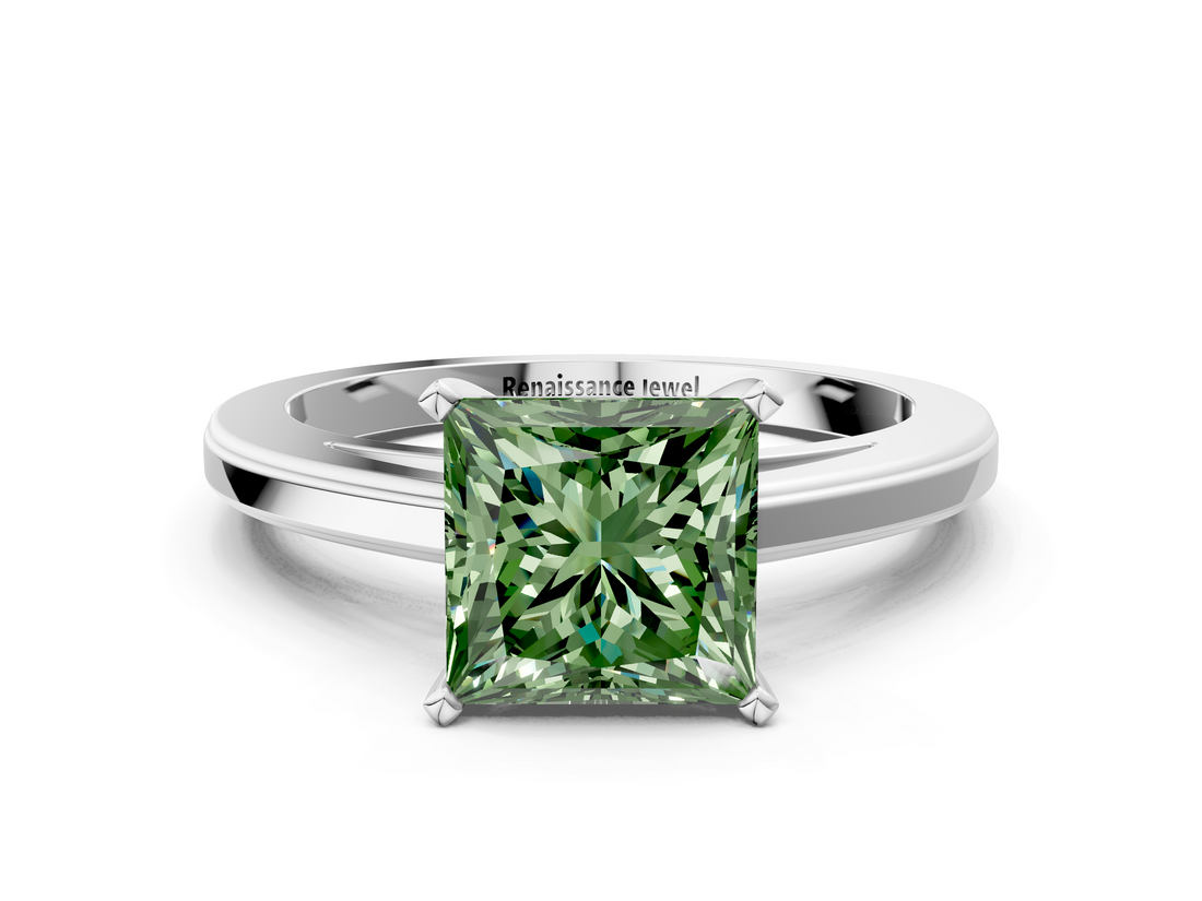 White gold Fancy Green Princess  Solitaire Diamond Ring with Four-Prong Setting and Classic Band_3
