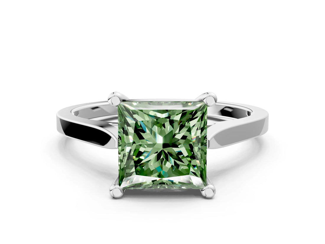 White gold Fancy Green Princess  Solitaire Diamond Ring with Four-Prong Setting and Tapered Band 1