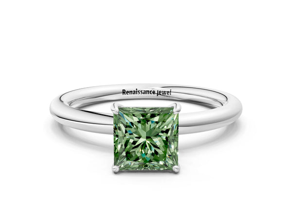 Platinum Fancy Green Princess  Solitaire Diamond Ring with Four-Prong Setting on a Plain Band