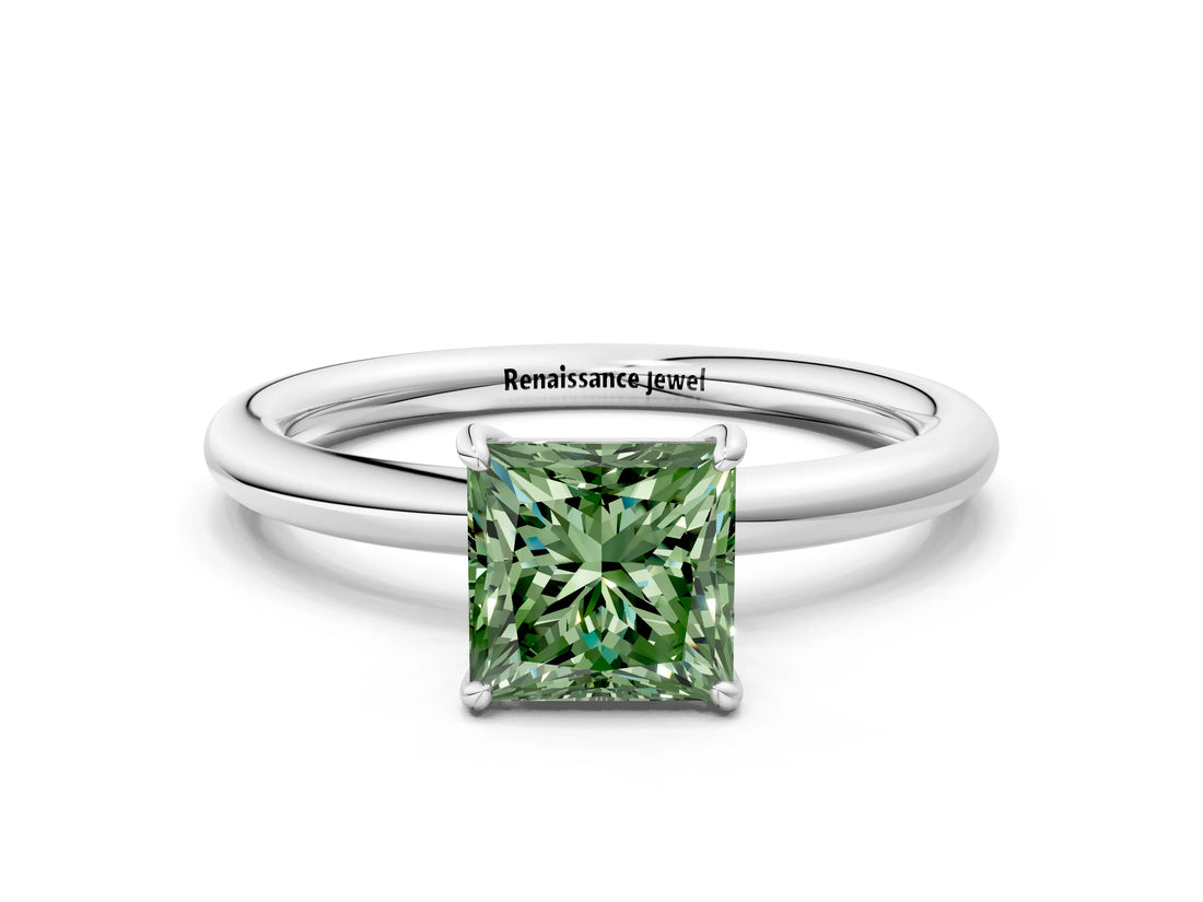 White gold Fancy Green Princess  Solitaire Diamond Ring with Four-Prong Setting on a Plain Band_32