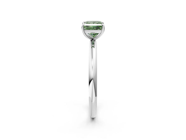 Platinum Fancy Green Princess  Solitaire Diamond Ring with Four-Prong Setting on a Plain Band