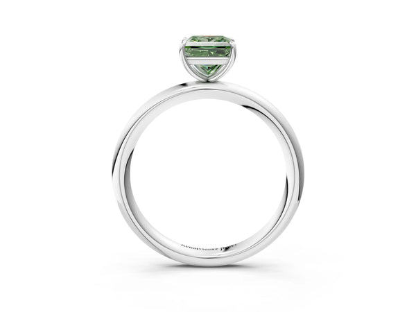 Platinum Fancy Green Princess  Solitaire Diamond Ring with Four-Prong Setting on a Plain Band