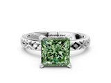 White gold Fancy Green Princess  Solitaire Diamond Ring with Milgrain and Black Enamel X Pattern Band_46
