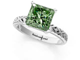 White gold Fancy Green Princess  Solitaire Diamond Ring with Milgrain and Black Enamel X Pattern Band_48