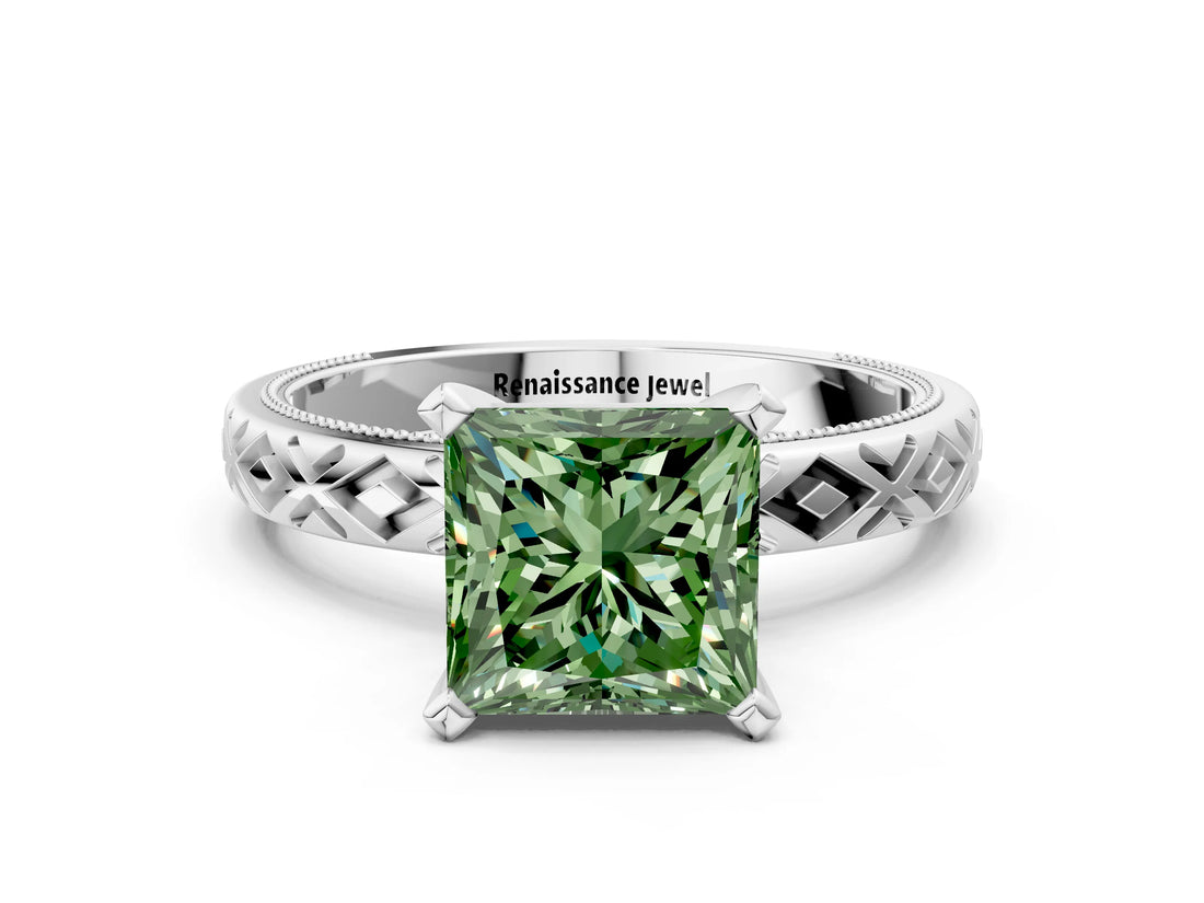 White gold Fancy Green Princess  Solitaire Diamond Ring with Milgrain and Black Enamel X Pattern Band_49