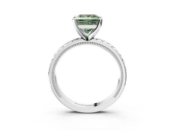 Platinum Fancy Green Princess  Solitaire Diamond Ring with Milgrain and Black Enamel X Pattern Band
