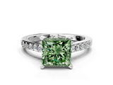 White gold Fancy Green Princess  Solitaire Diamond Ring with Pavé Band and Four-Prong Setting