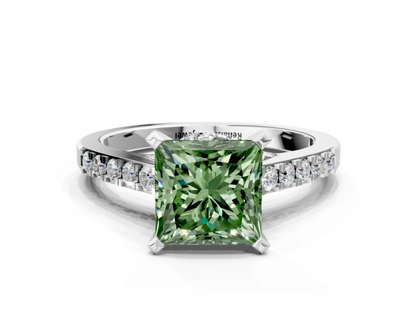 Platinum Fancy Green Princess  Diamond Solitaire Ring with Pavé Band and Prong Setting
