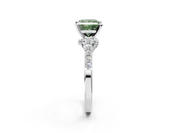 Platinum Fancy Green Princess  Diamond Solitaire Ring with Pavé Band and Prong Setting