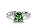 White gold Fancy Green Princess  Solitaire Diamond Ring with Pave Band and Four-Prong Setting