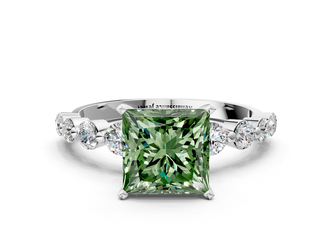 White gold Fancy Green Princess  Solitaire Diamond Ring with Pave Band and Four-Prong Setting