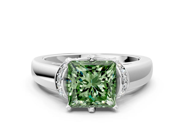 White gold Fancy Green Princess  Solitaire Diamond Ring with Pave Band and Six-Prong Setting