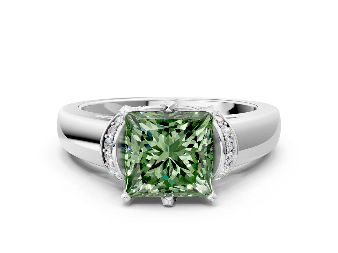 White gold Fancy Green Princess  Solitaire Diamond Ring with Pave Band and Six-Prong Setting_76