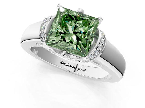 White gold Fancy Green Princess  Solitaire Diamond Ring with Pave Band and Six-Prong Setting