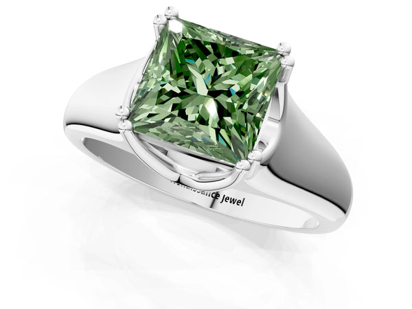 White gold Fancy Green Princess Cut Diamond Solitaire Ring with Wide Band and Prong Setting