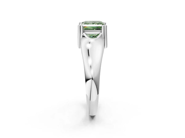 White gold Fancy Green Princess Cut Diamond Solitaire Ring with Wide Band and Prong Setting