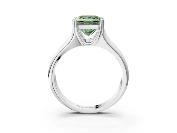 White gold Fancy Green Princess Cut Diamond Solitaire Ring with Wide Band and Prong Setting