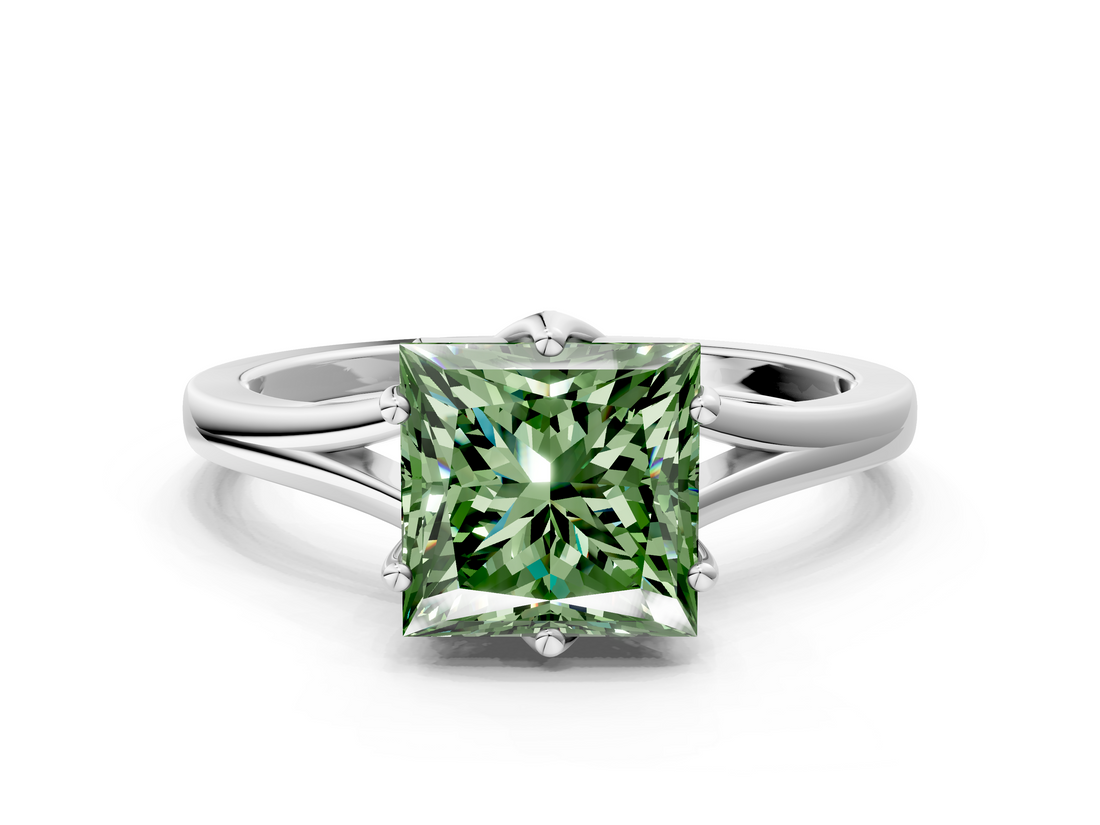 White gold Fancy Green Princess  Solitaire Diamond Ring with Six-Prong Setting and Tapered Band