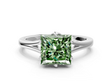White gold Fancy Green Princess  Solitaire Diamond Ring with Six-Prong Setting and Tapered Band