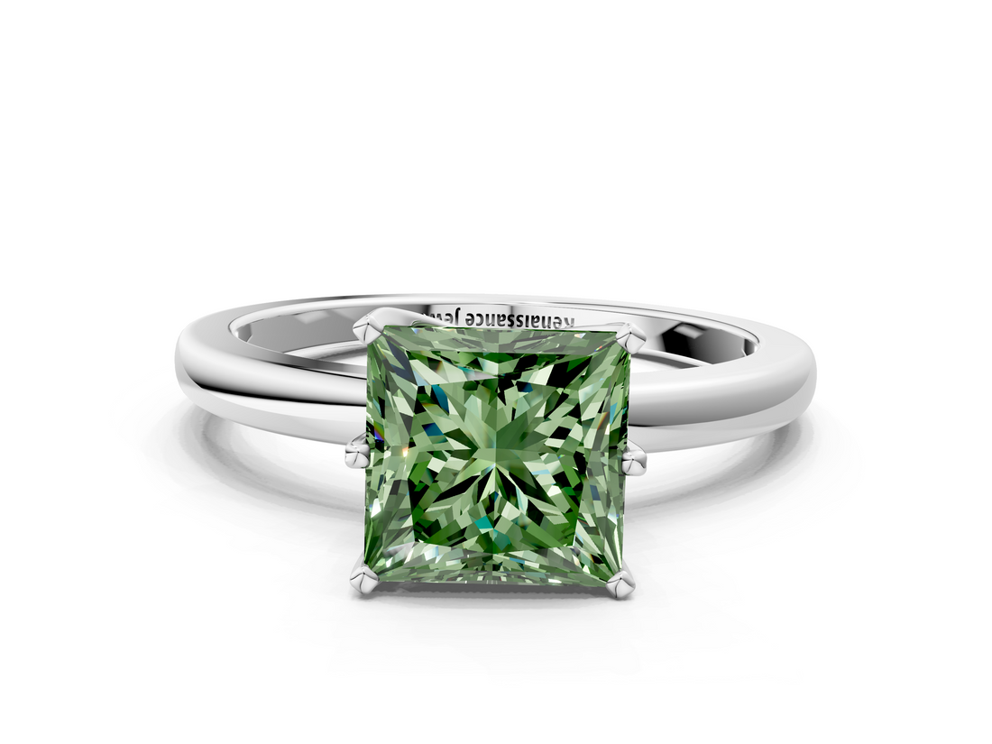 White gold Fancy Green Princess  Solitaire Diamond Ring with Six-Prong Setting on a Classic Band