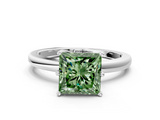 White gold Fancy Green Princess  Solitaire Diamond Ring with Six-Prong Setting on a Classic Band