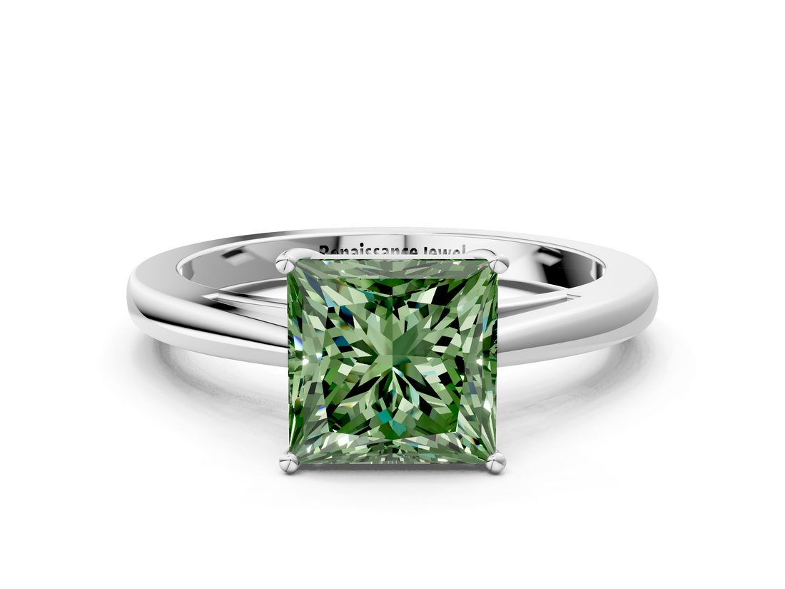 White gold Fancy Green Princess  Solitaire Diamond Ring with Split Shank and Four-Prong Setting