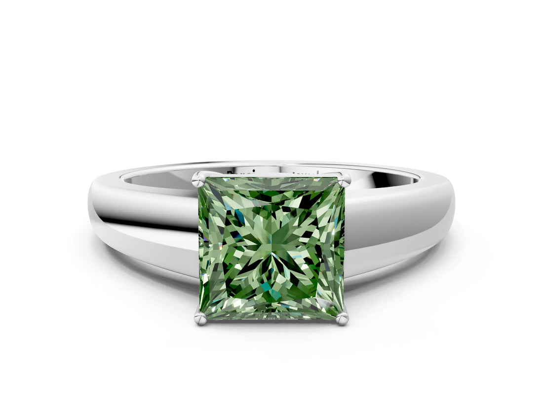 White gold Fancy Green Princess  Solitaire Diamond Ring with Tapered Band and Four-Prong Setting_28