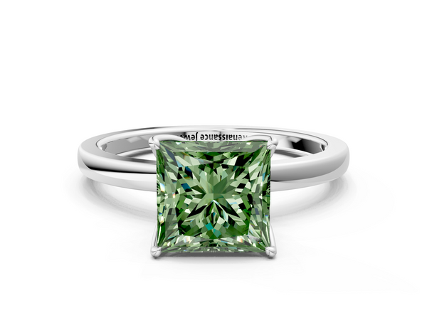 Platinum Fancy Green Princess  Solitaire Diamond Ring with Thin Band and Four-Prong Setting