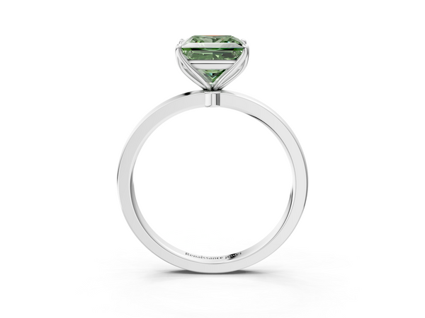 Platinum Fancy Green Princess  Solitaire Diamond Ring with Thin Band and Four-Prong Setting