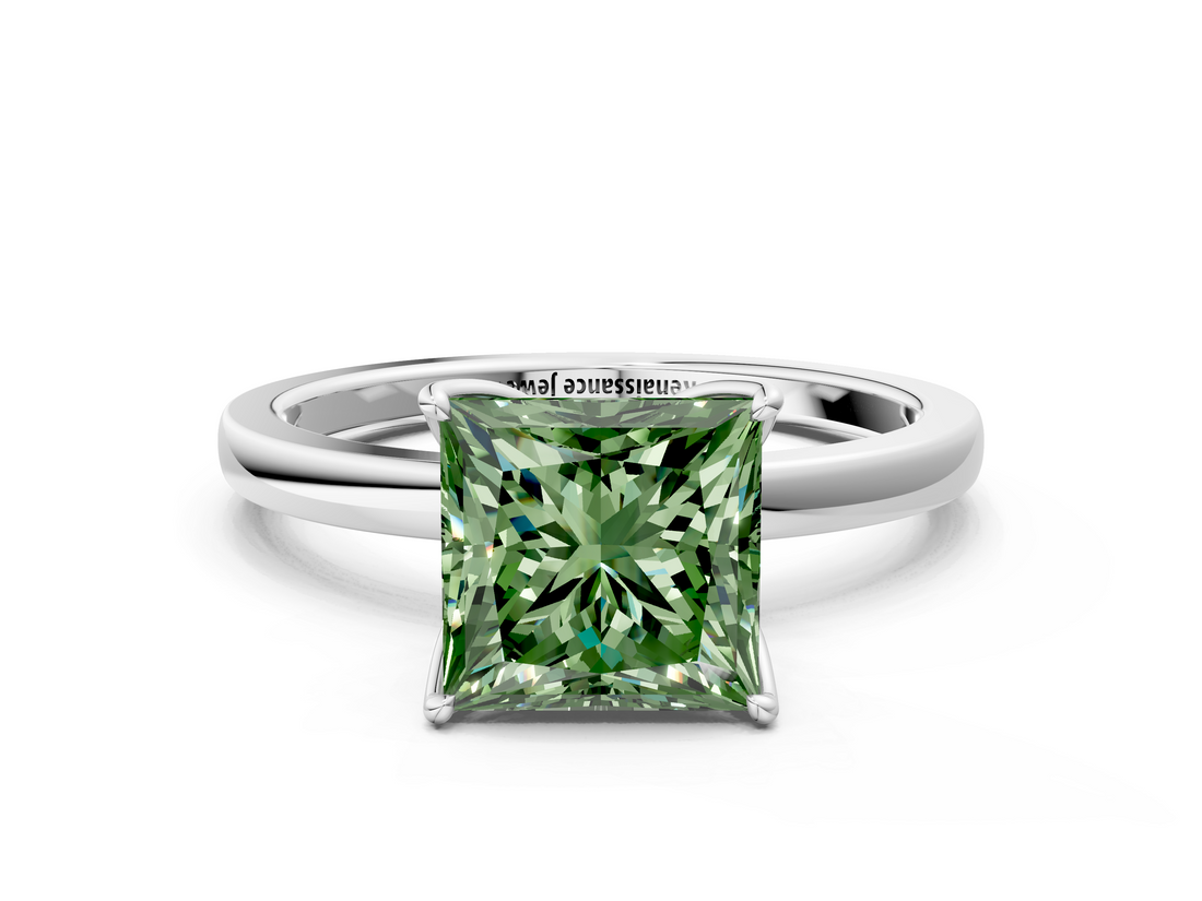 White gold Fancy Green Princess  Solitaire Diamond Ring with Thin Band and Four-Prong Setting