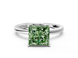White gold Fancy Green Princess  Solitaire Diamond Ring with Thin Band and Four-Prong Setting